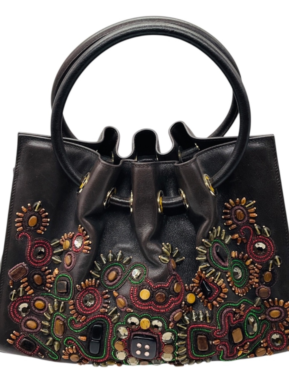 OSCAR DE LA RENTA BROWN MULTI BEADED AND STONE EMBELLISHED LEATHER HANDBAG - Picture 3 of 11